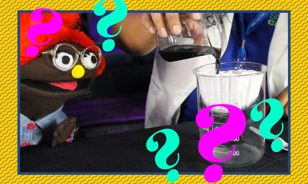 Izzy staring at beaker surrounded by pink and teal question marks