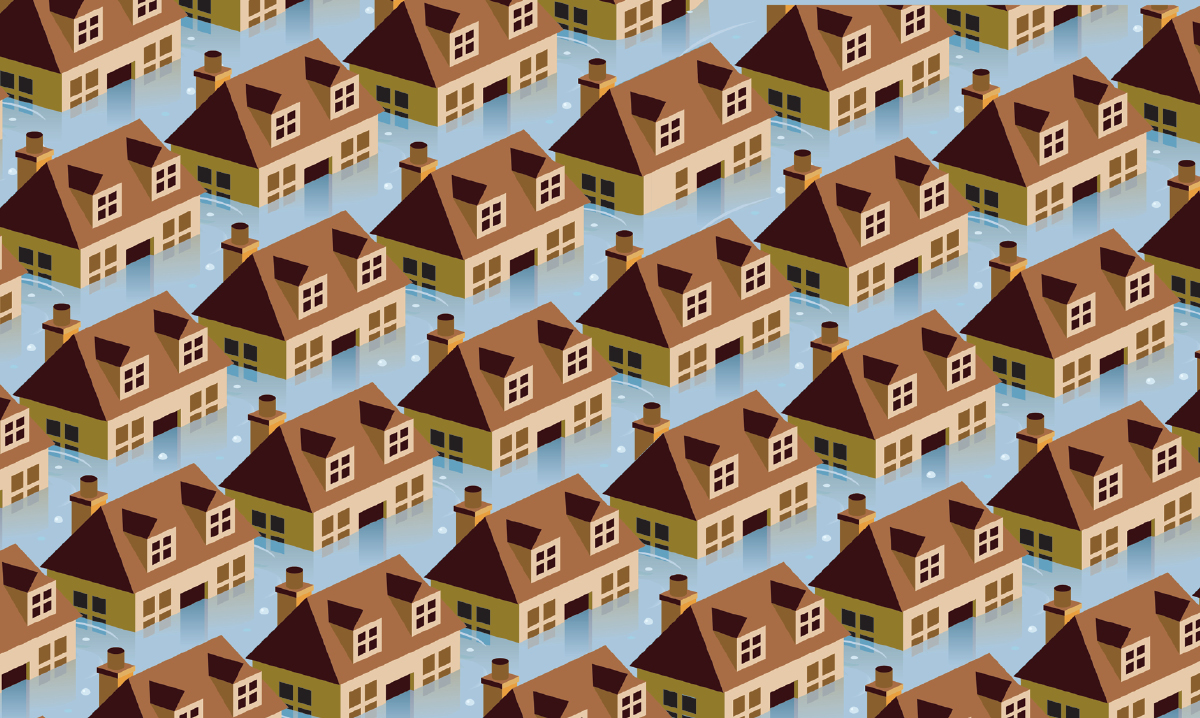 Illustrations of brown houses in blue water