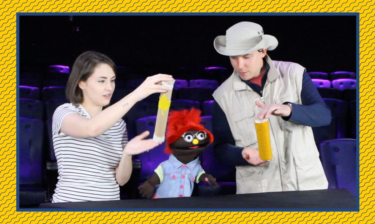 Izzy, Taylor and their friend from the Michigan Science Center make rainsticks