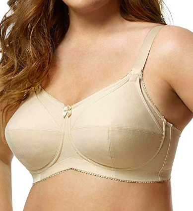 woman wearing nursing bra on white background