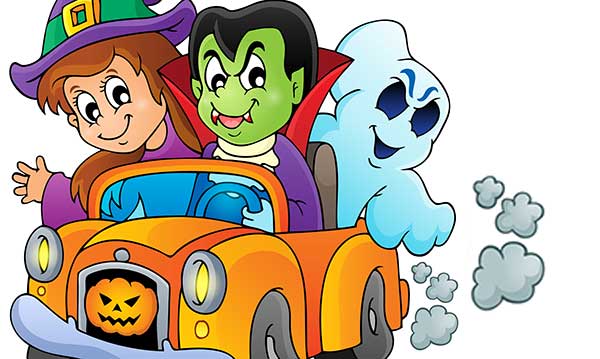 Cartoon kids in costume in an orange car on a white background