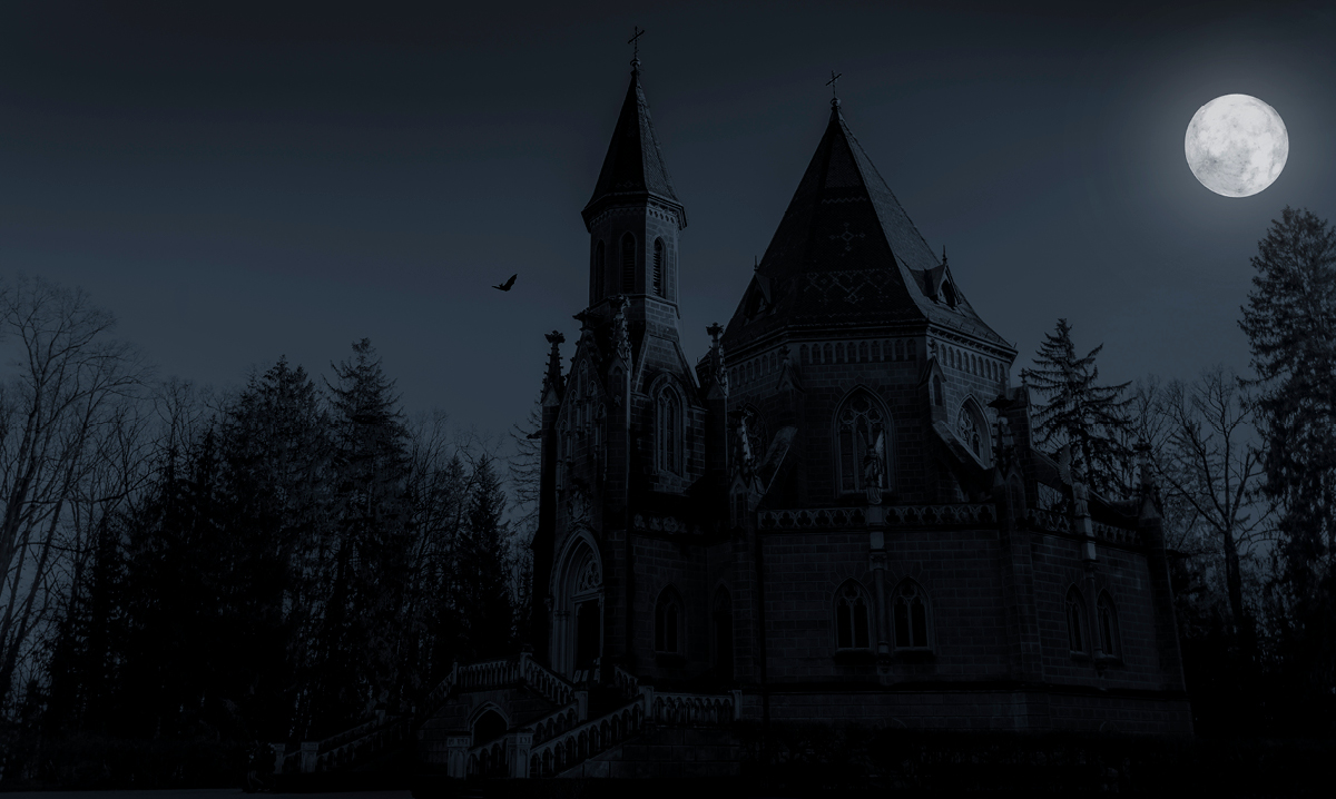 Creepy castle on a dark background with a full moon