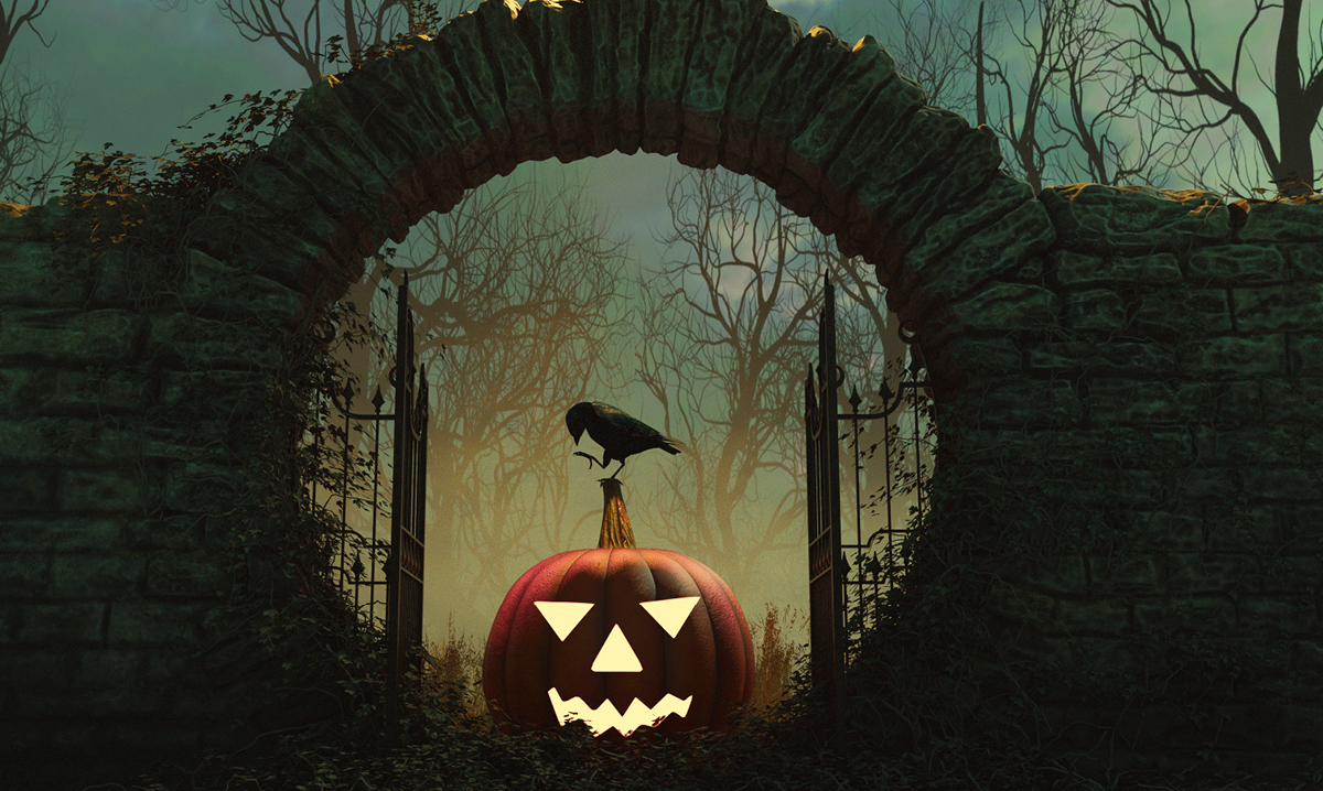 A glowing jack o'lantern on a spooky background