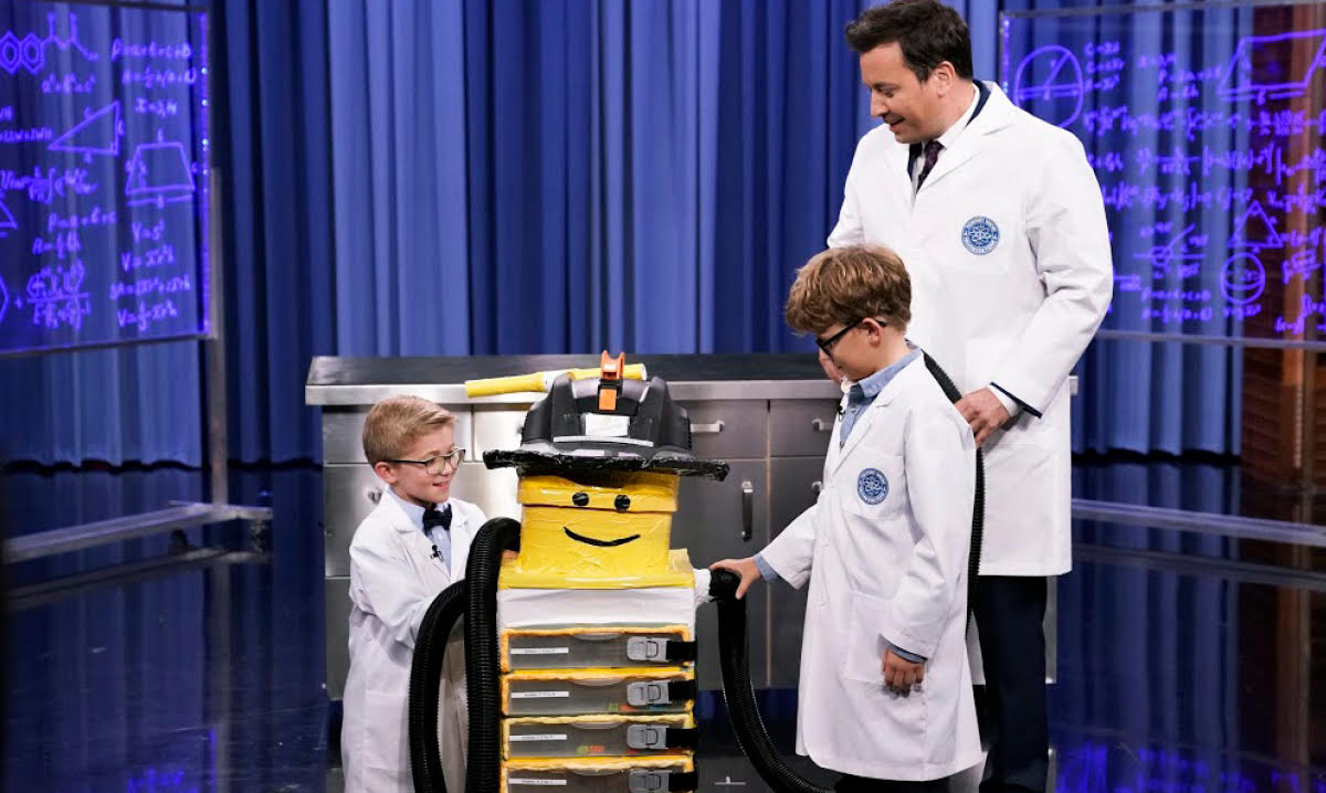 Tyler and Graham with their invention and Jimmy Fallon