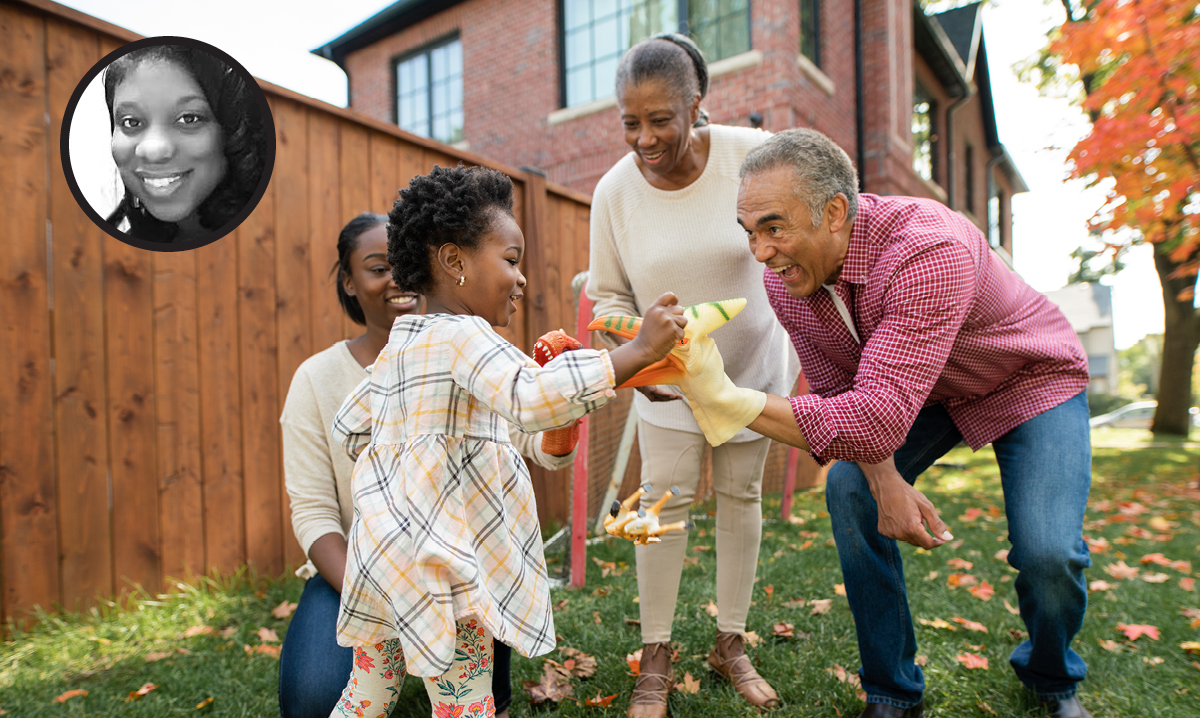 Family playing with stuffed animal outside, writer's face in the corner