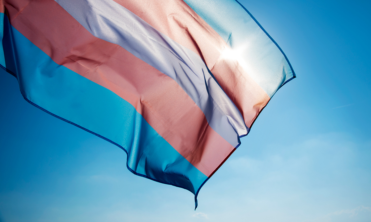 A transgender pride flag flying on a blue sky with the sun behind it