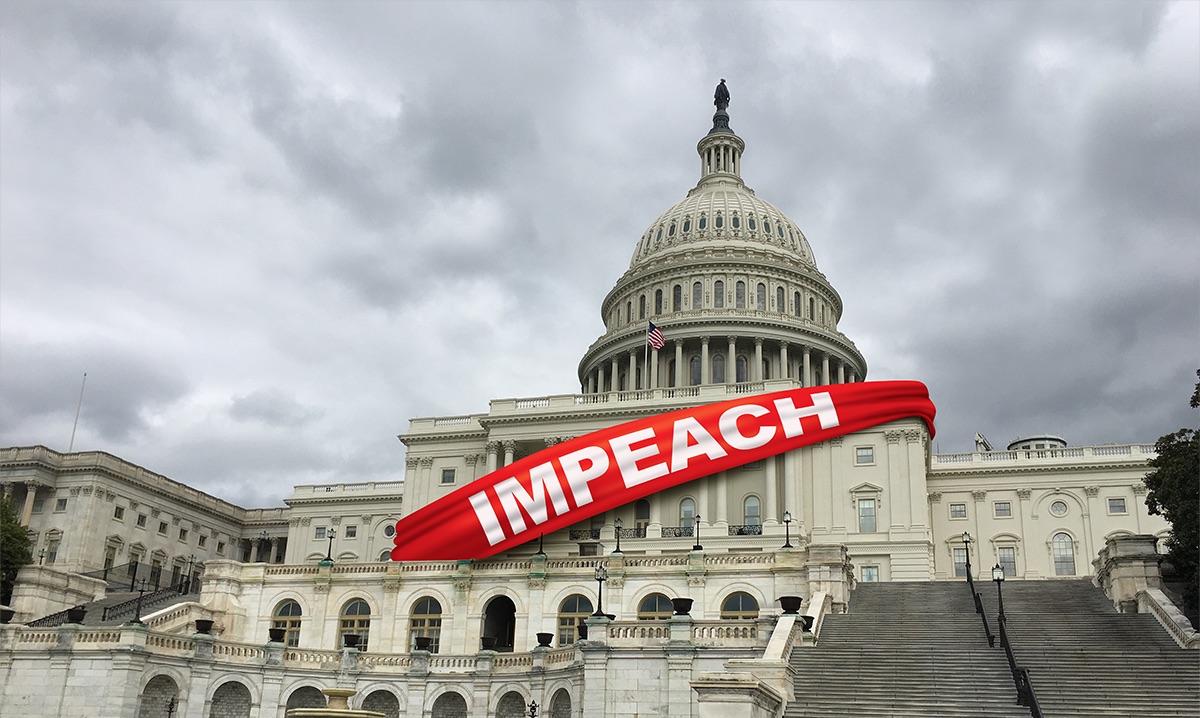 The white house draped in a red banner that reads 