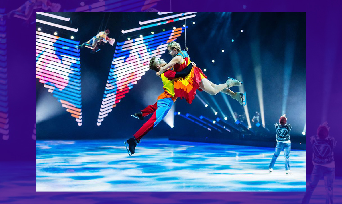 Cirque performers doing acrobatics above the ice
