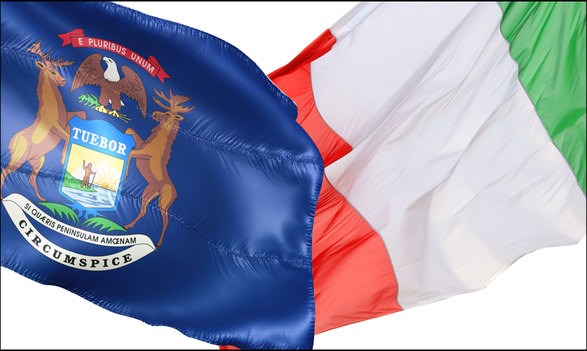Michigan state flag and italian flag waving on a white background