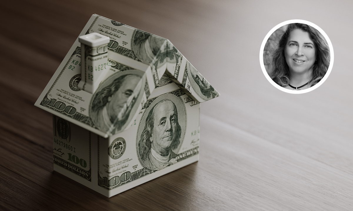 A house made out of hundred dollar bills on a brown background