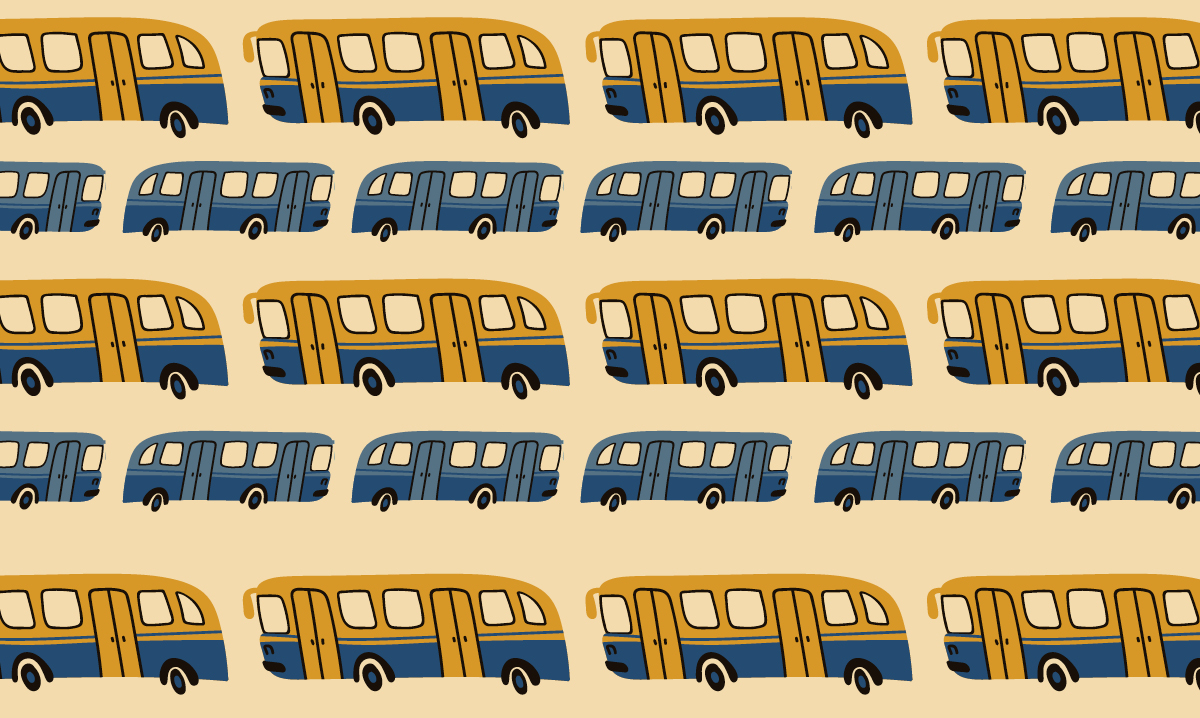 Yellow and blue busses on a light yellow background
