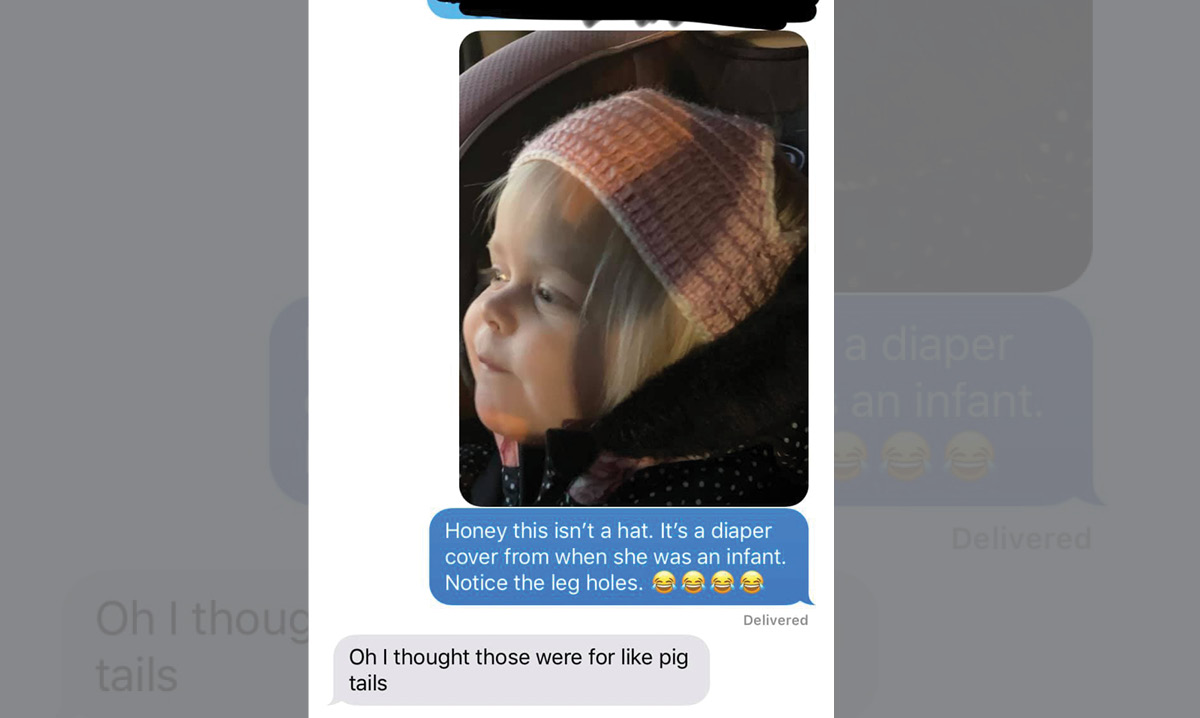 Text of daughter in diaper cover hat texted from mom to dad