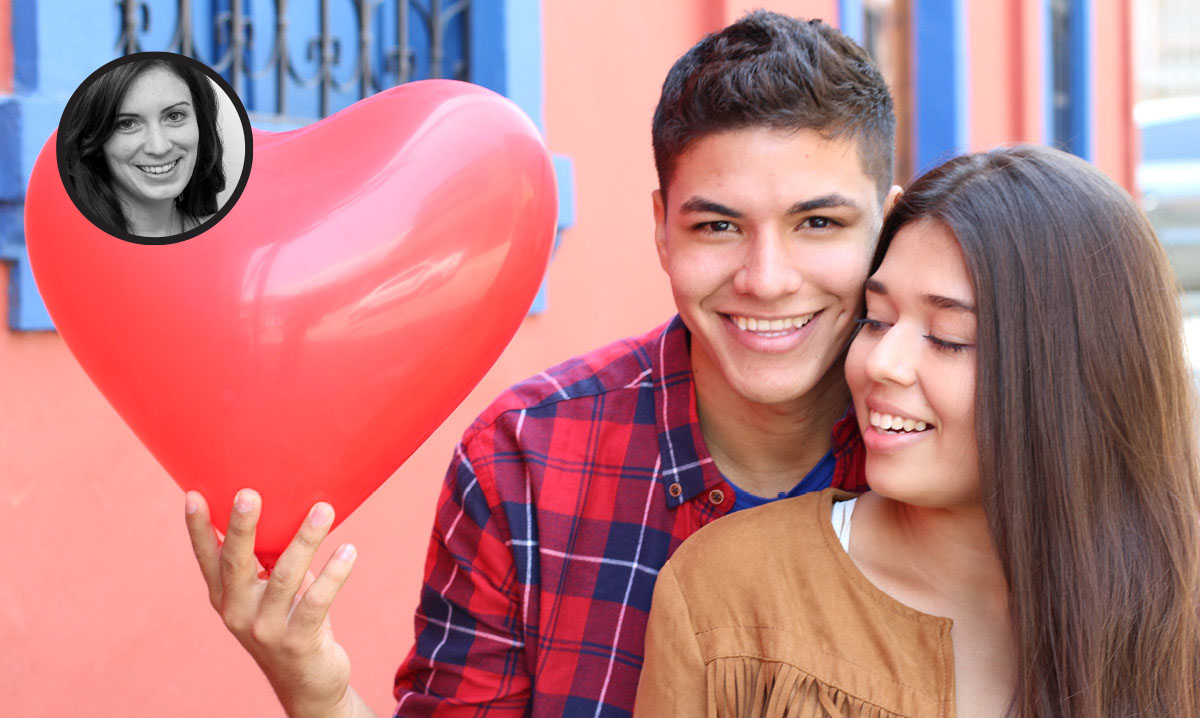 Young couple holding a heart balloon. Author's image in the corner