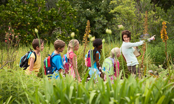 Group of kids and an adult walking through a field
