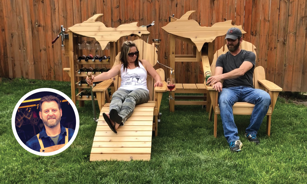 Two chairs by Matt Thompson Woodworks. Image of Matt Thompson in the corner