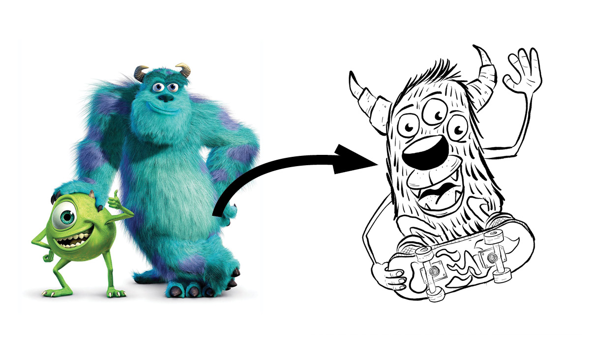 Image of the Monster's Inc monster and an arrow pointing to the monster coloring book monster