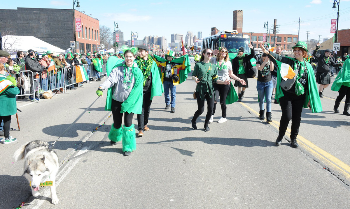 People marching in a St. Patrick's Day parade
