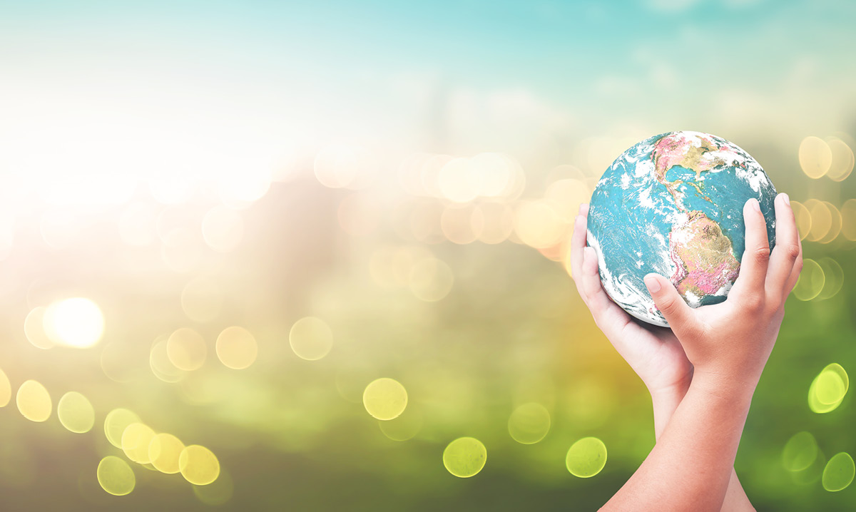 Hands holding up a globe with plants in the background