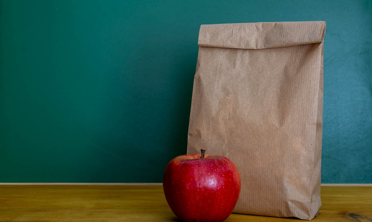 paper bag lunch on a teal background