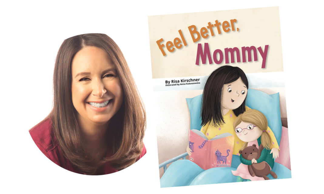 The author of feel better mommy next to a cover of the book
