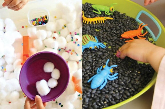 Collage of two sensory bin ideas