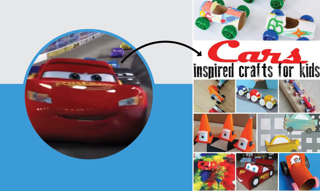 Lightning McQueen with an arrow pointing to Cars crafts