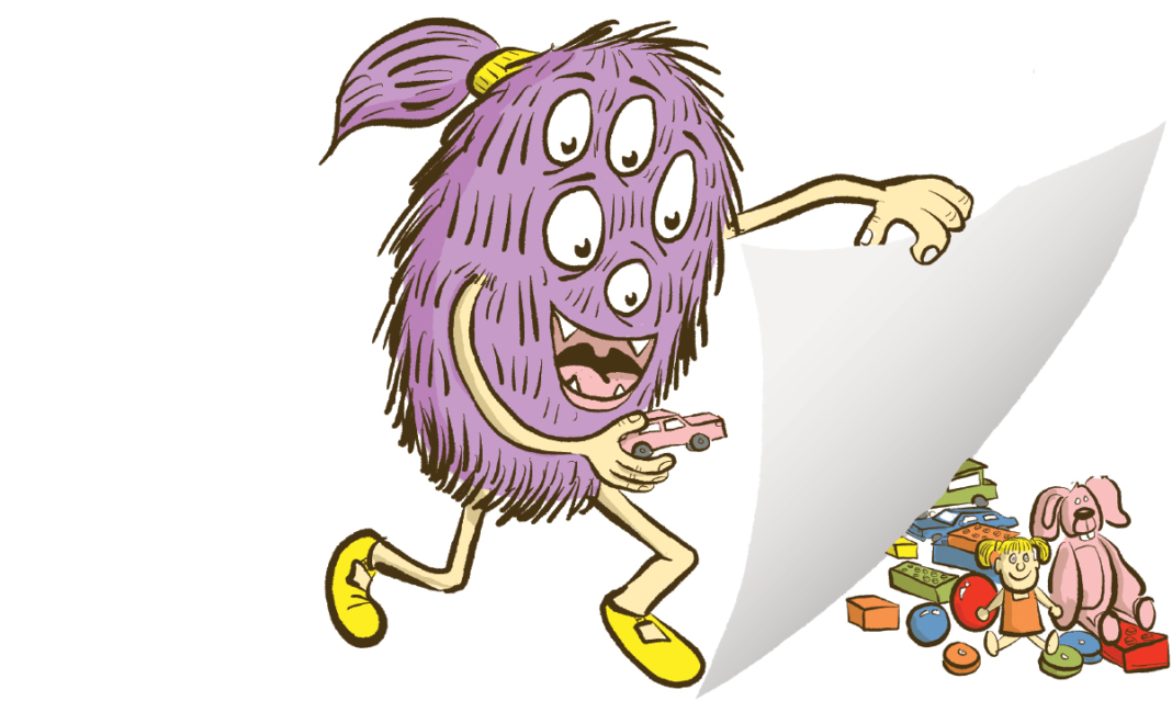Purple monster pealing paper to reveal hidden toys