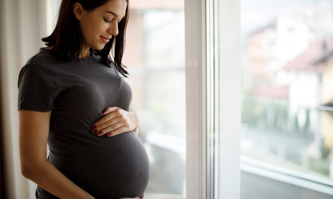 Pregnant woman holding her belly near a window