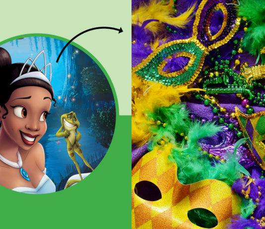 Tiana with an arrow pointing to Mardi Gras masks