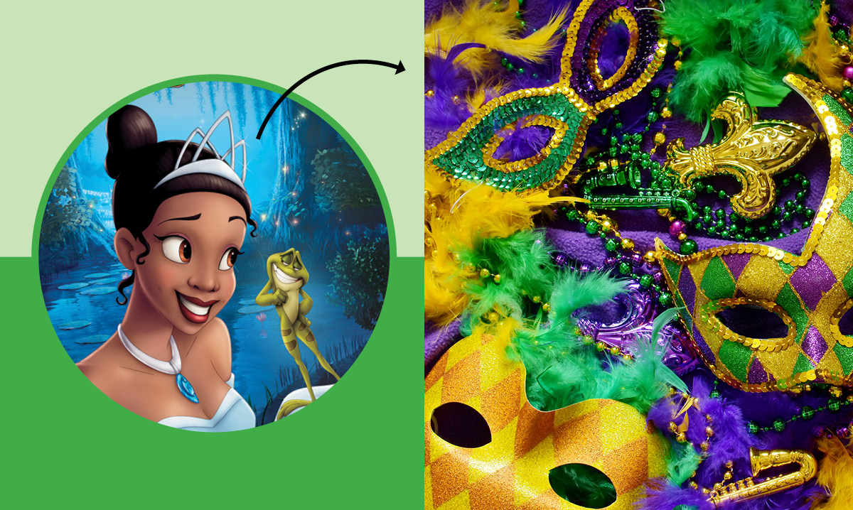 Tiana with an arrow pointing to Mardi Gras masks