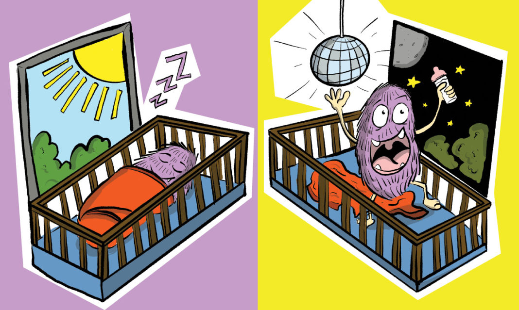 Illustration of a monster asleep during the day and awake at night