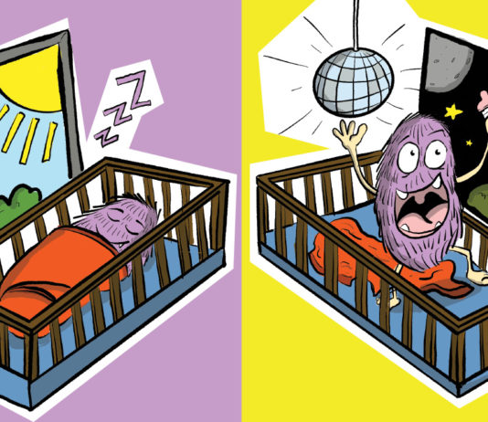 Illustration of a monster asleep during the day and awake at night