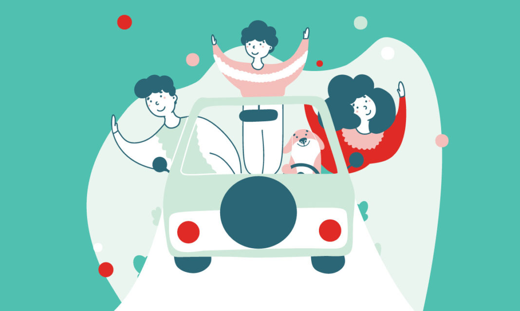 Illustration of a family hanging out of a car