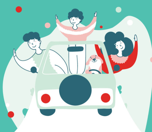 Illustration of a family hanging out of a car