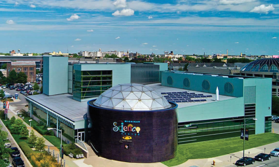 An aerial picture of the Michigan Science Center