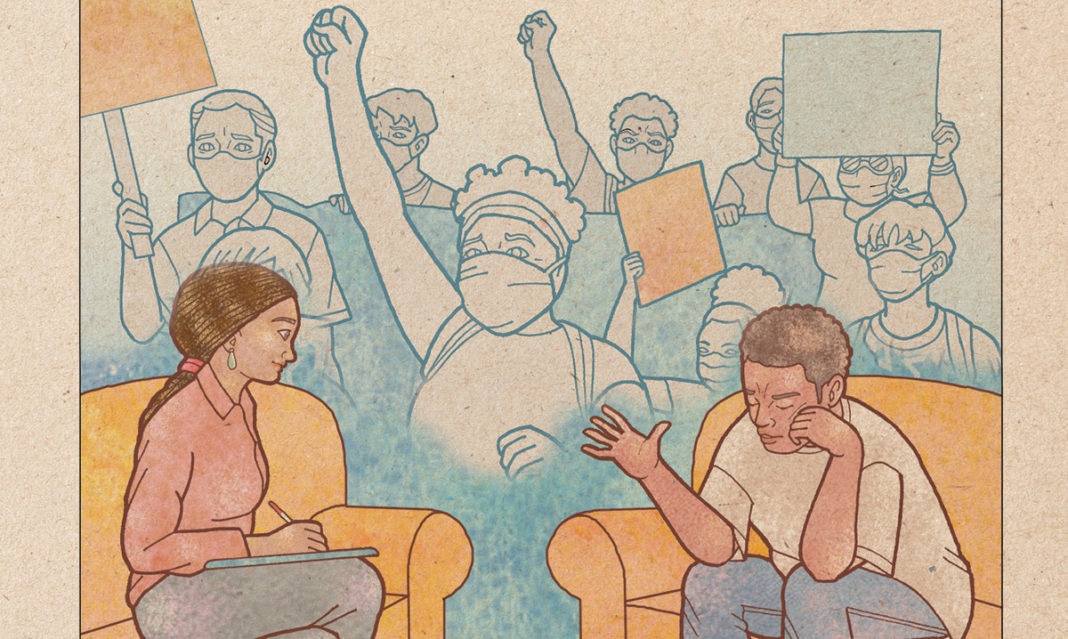 Illustration of a Black person talking to a therapist