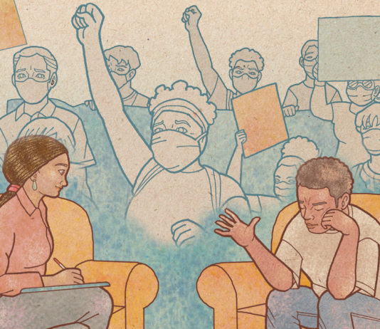 Illustration of a Black person talking to a therapist