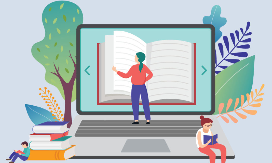 An illustration of a teacher reading a book on a computer screen