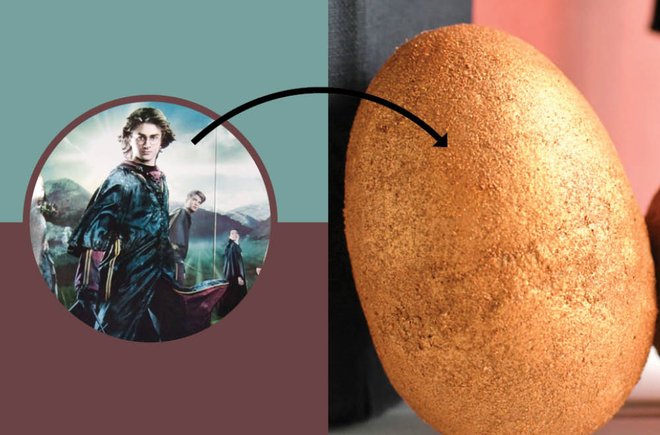 Image from Harry Potter with an arrow pointing to a golden dragon egg