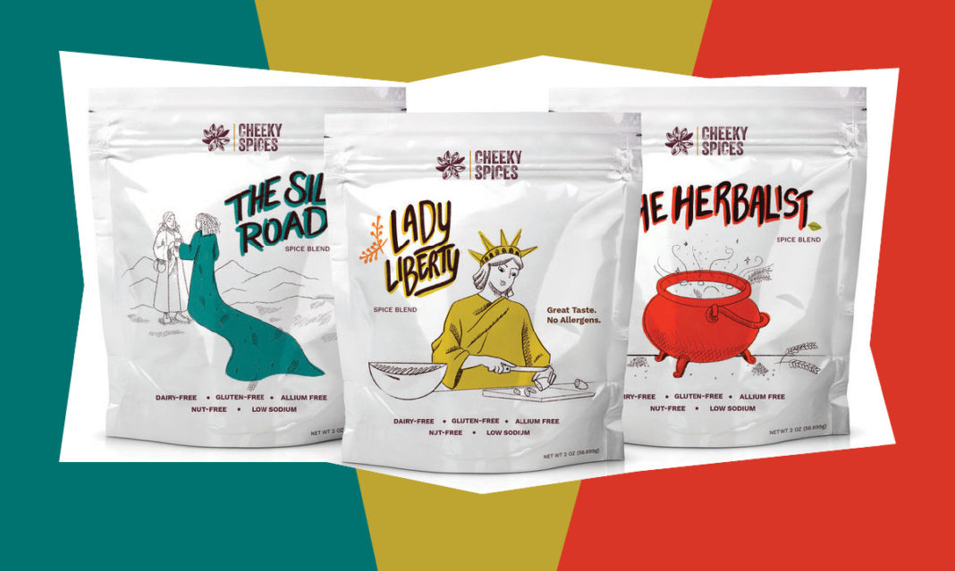 Three bags of cheeky spices on a teal, yellow and red background