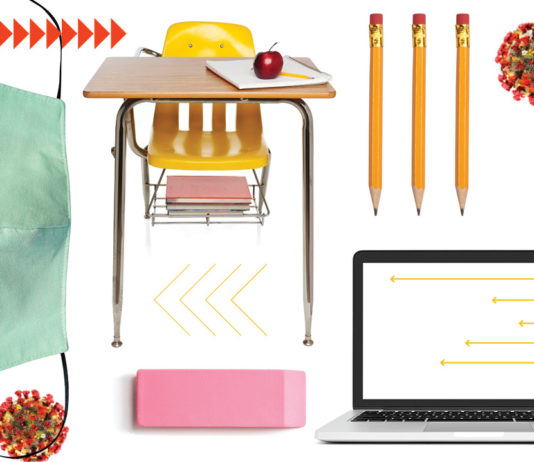 Collage of pencils, desks, computers and other school items