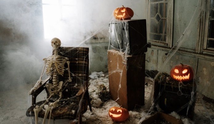 Image of a skeleton and pumpkin display
