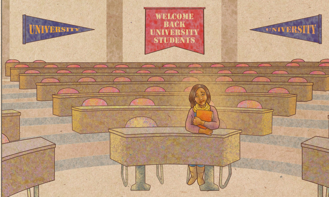 Illustration of a college student standing alone in a large lecture hall, holding books and looking thoughtful, highlighting the importance of mental health support for college students.