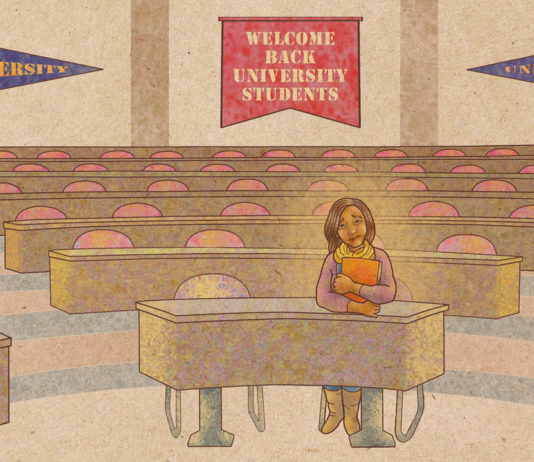 Illustration of a college student standing alone in a large lecture hall, holding books and looking thoughtful, highlighting the importance of mental health support for college students.
