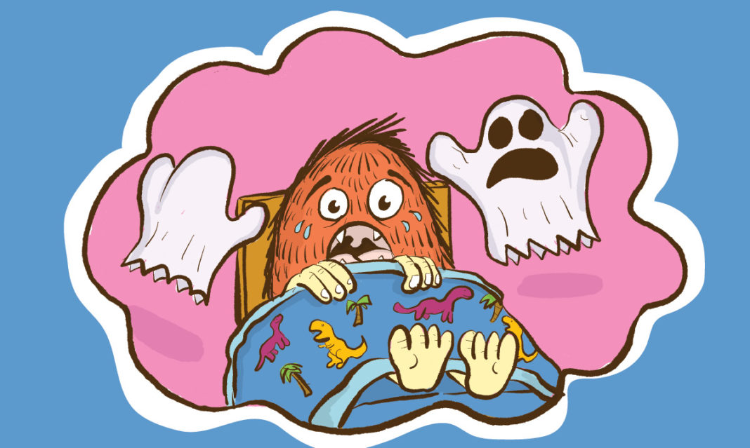 Monster child in a pink thought bubble surrounded by ghosts