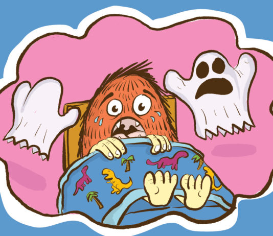 Monster child in a pink thought bubble surrounded by ghosts