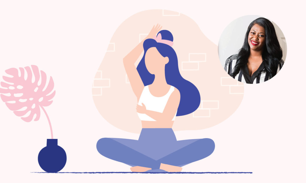 Illustration of a woman giving herself a breast exams. Shayna Whiteside in the corner