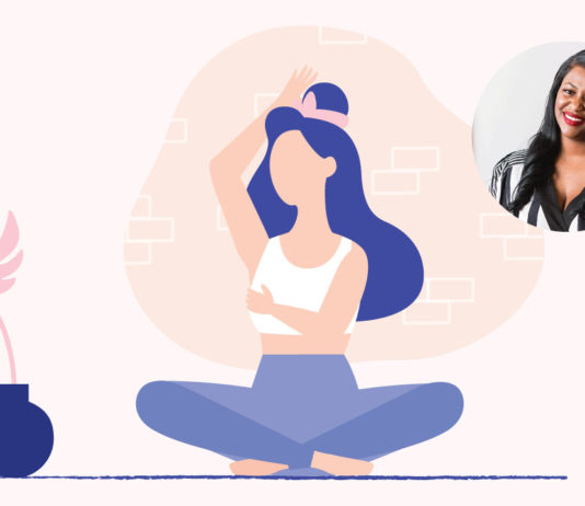 Illustration of a woman giving herself a breast exams. Shayna Whiteside in the corner