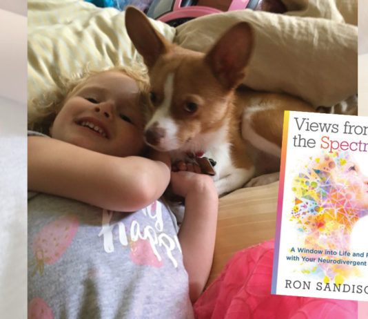 Parenting with Autism Makayla and her dog playing. Cover of Ron Sandison's latest book in the foreground