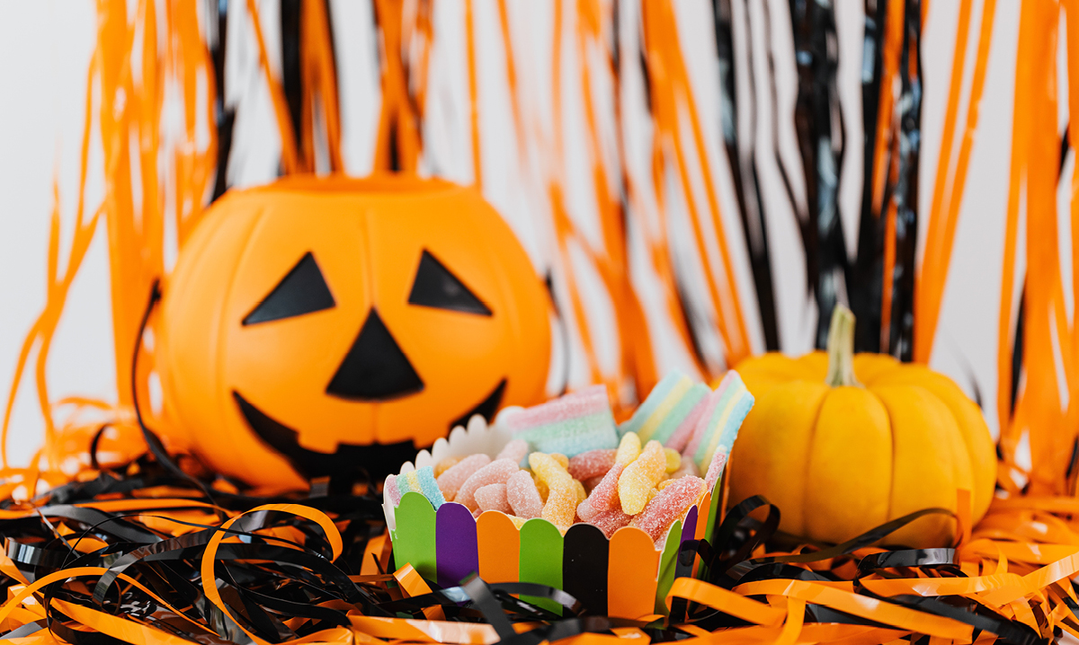 Halloween decorations and candy on a table